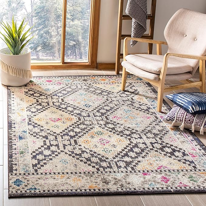 SAFAVIEH Madison Collection Area Rug - 6' x 9', Black & Yellow, Boho Diamond Distressed Design, Non-Shedding & Easy Care, Ideal for High Traffic Areas in Living Room, Bedroom (MAD418Z)