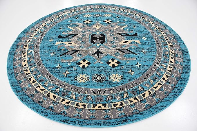 Unique Loom Taftan Collection Border Geometric Tribal Inspired Design Area Rug (8' 0 x 8' 0 Round, Turquoise/ Gray)