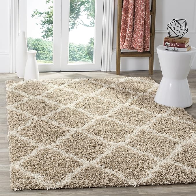 SAFAVIEH Dallas Shag Collection Area Rug - 8'6" x 12', Beige & Ivory, Trellis Design, Non-Shedding & Easy Care, 1.5-inch Thick Ideal for High Traffic Areas in Living Room, Bedroom (SGD257D)