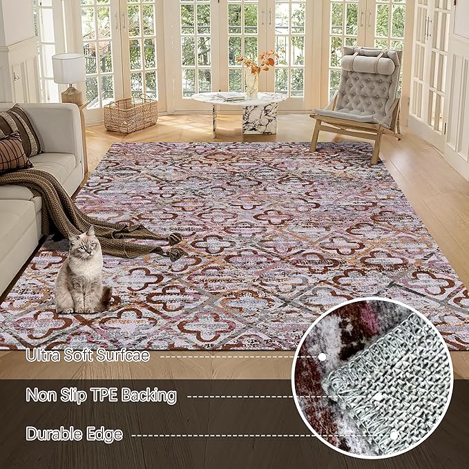 RUGSURE Washable Area Rugs, 9' x 12' - 1/6 Thick - Stain & Water Resistant Non-Slip - Perfect Resistant Rug for Living Room, Bedroom, Nursery, Pet & Child Friendly, Vibrant Colors Rugs, Purple