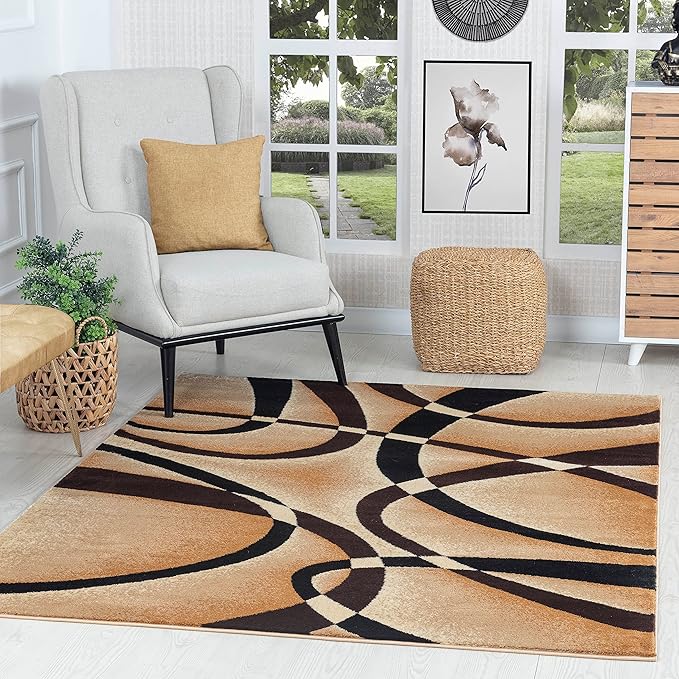 GLORY RUGS Modern Area Rug 5x7 Beige Swirls Carpet Bedroom Living Room Contemporary Dining Accent Sevilla Collection 4816A (Brown)