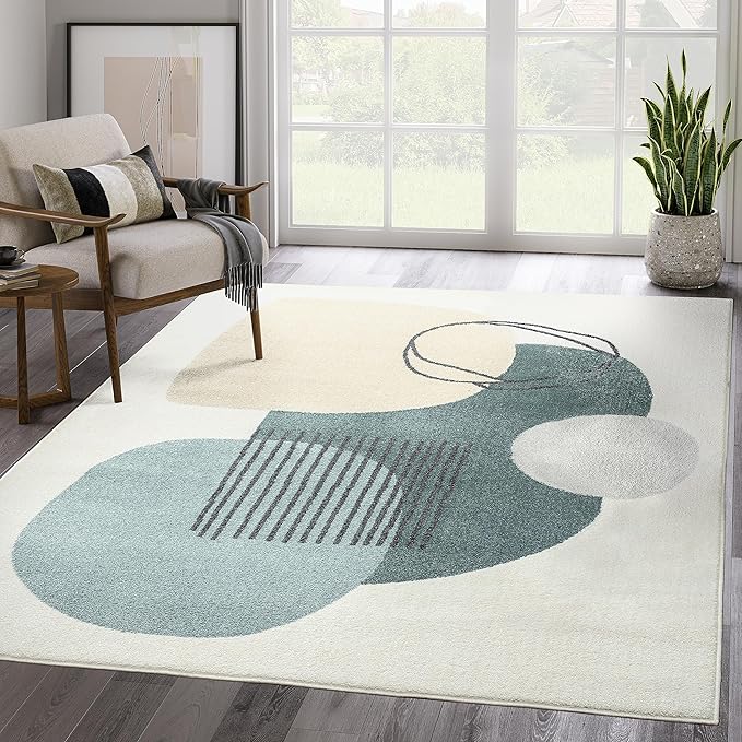 Abani Deco Collection Area Rug -Cream/Green Minimalist Design -4' x 6' - Easy to Clean - Durable for Kids and Pets - Non-Shedding - Medium Pile - Soft Feel - for Living Room, Bedroom & Office
