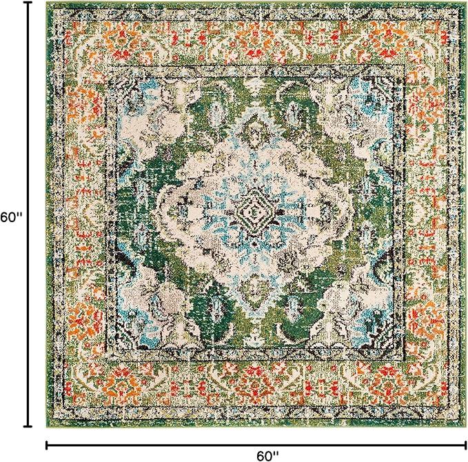 SAFAVIEH Monaco Collection Area Rug - 5' Square, Forest Green & Light Blue, Medallion Distressed Design, Non-Shedding & Easy Care, Ideal for High Traffic Areas in Living Room, Bedroom (MNC243F)