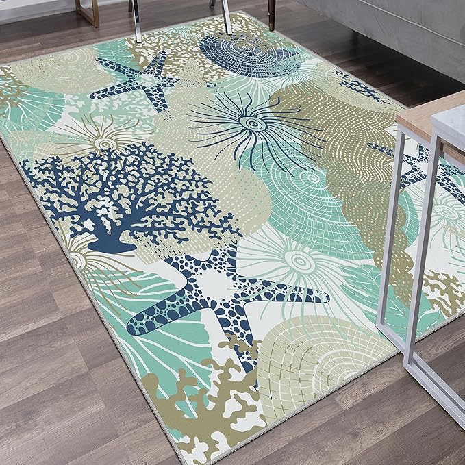 Tritard Coastal Area Rugs Nautical Beach Themed Non-Slip Machine Washable Rugs Modern Floor Carpet for Living Room Bedroom, 4x6, Navy