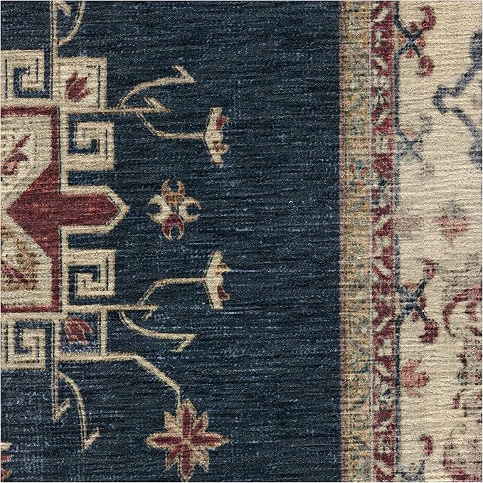 RUGGABLE Washable Vintage Area Rug – Verena Sapphire 8 ft Round, Stain-Resistant, Non-Slip – Large Machine Washable Rugs for Living Room, Bedroom, Hallway, Entryway & Office–with Standard Pad