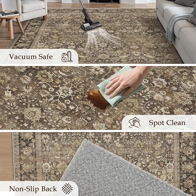 HUGEAR 6x9 Machine Washable Rugs Brown Hallway Large Area Rug Indoor Accent Rug Floral Mid Pile Carpet Soft Thicker Throw Aesthetic Rug Bedroom Living Room Office Dining Kitchen Laundry