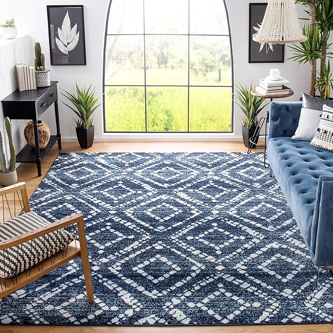 SAFAVIEH Adirondack Collection Area Rug - 8' Square, Navy & Ivory, Modern Diamond Distressed Design, Non-Shedding & Easy Care, Ideal for High Traffic Areas in Living Room, Bedroom (ADR131N)