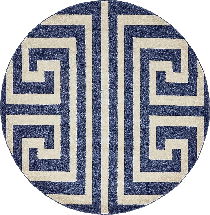 Unique Loom Athens Collection Classic Geometric Modern Border Design Area Rug (6' 0 x 6' 0 Round, Navy Blue/ Beige)