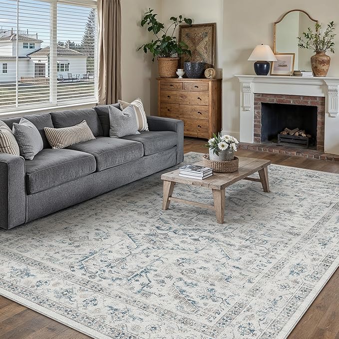 Blue 8x10 Area Rug Vintage Washable Living Room Carpet Non Slip Bedroom Indoor Office Low Pile Large Traditional Distressed Retro Accent Rug for Dining Room Bathroom Kitchen