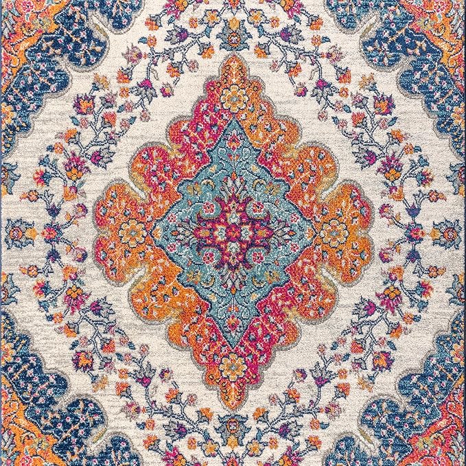 JONATHAN Y Boho Vintage Blue/Multi Indoor Area Rug, 12x18, Bohemian Flair Medallion, Floral Easy-Cleaning High Traffic for Living Room, Bedroom, Kitchen, Pet-Friendly, Non-Shedding (BMF106A-18)