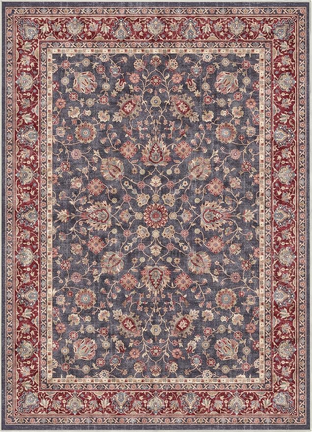 Well Woven Asha Rome Navy Blue Red 6' x 9' Area Rug - Oriental Floral Pattern, Easy Clean, Floor-Friendly Backing - for Living Room, Bedroom, and Dining Room