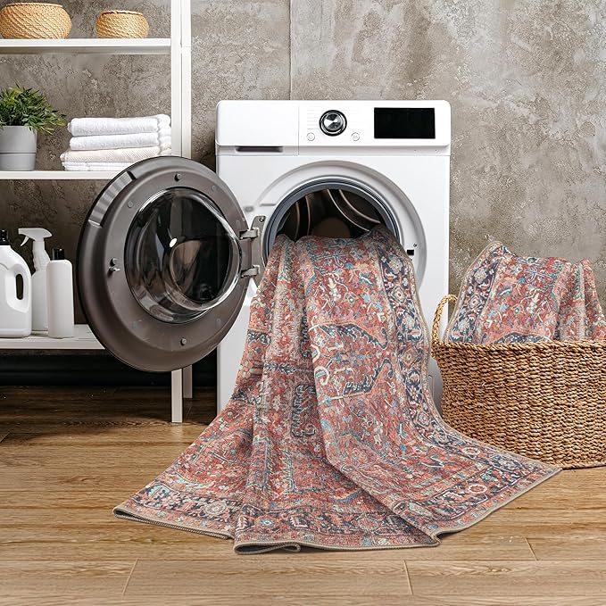 GLN Rugs Traditional Collection - Machine Washable Area Rug, Traditional Washable, Non Slip, Low Pile Chenille Rug, Living Room, Bedroom, Kitchen Rug (5'3" Round Terra/Multicolor 1168)
