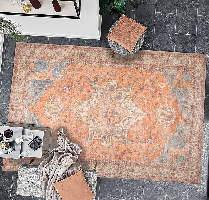 GLN Rugs Traditional Collection - Machine Washable Area Rug, Traditional Washable, Non Slip, Low Pile Chenille Rug, Living Room, Bedroom, Kitchen Rug (6' x 9' Terra/Multicolor)