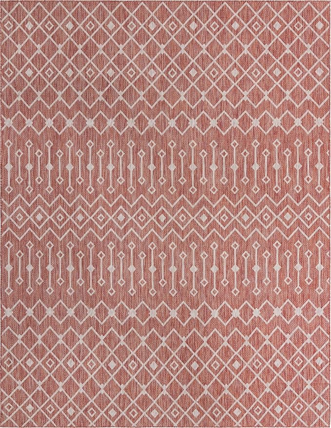 Unique Loom Outdoor Trellis Collection Area Rug - Tribal Trellis (10' x 13' 1" Rectangle, Rust Red/ Ivory)