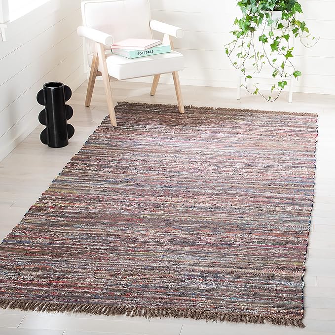 SAFAVIEH Rag Rug Collection Area Rug - 5' x 8', Rust & Multi, Handmade Boho Stripe Cotton, Ideal for High Traffic Areas in Living Room, Bedroom (RAR121E)