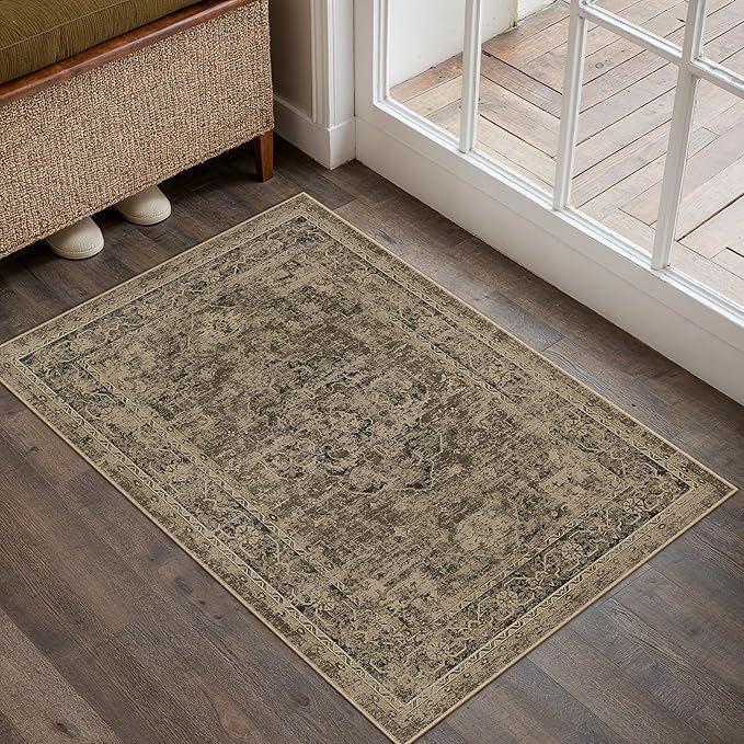 Entryway Area Rug 2x3 Brown Vintage Distressed Indoor Carpet Oriental Soft Thin Small Door Mat Non Slip Low Pile Throw Rug for Entrance Bathroom Bedroom Kitchen Laundry