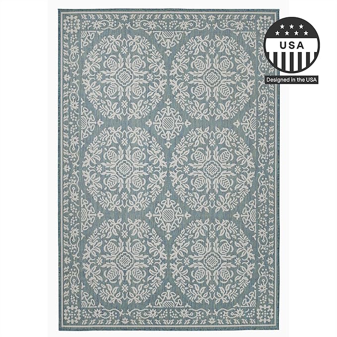 FH Home Flat Woven Outdoor Rug - Waterproof, Easy to Clean, Stain Resistant - Premium Polypropylene Yarn - Farmhouse - Patio, Porch, Deck, Balcony - Marbella - Ocean - 5ft 4in x 7ft 6in