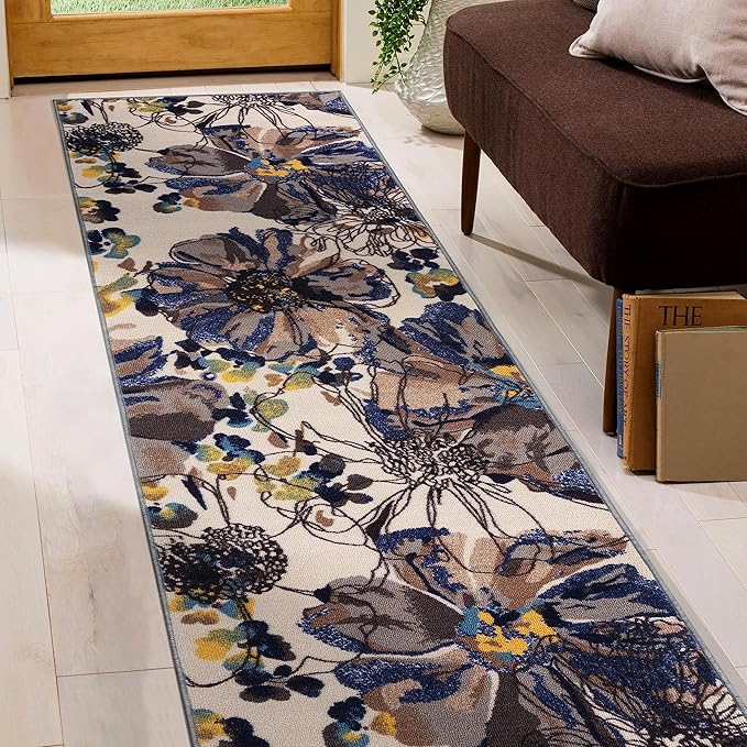 Rugshop Cream Bright Flowers Non Slip Non-Shedding Runner Rug for Hallway, Kitchen and Laundry Room, 2' x 7' (22" X 84")