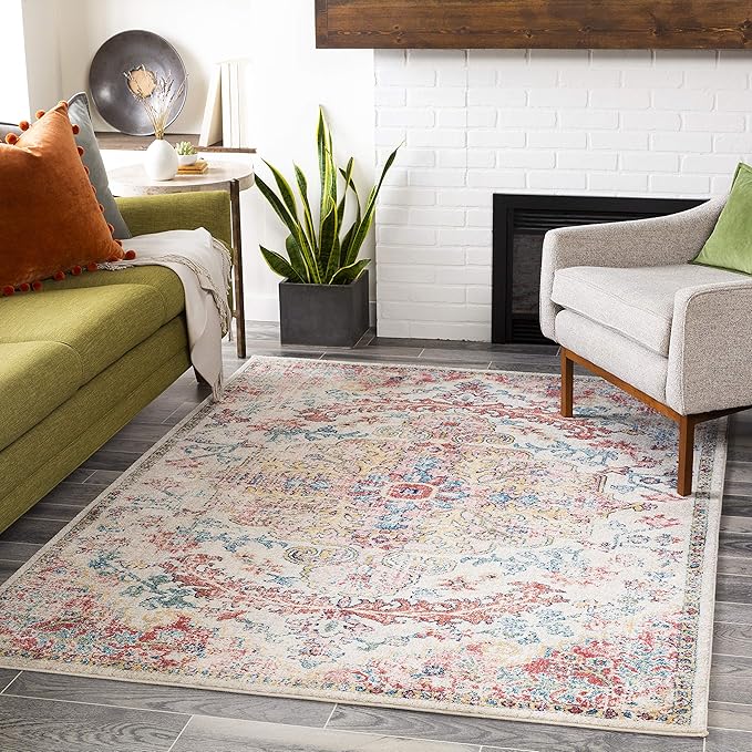 Livabliss Area Rugs - 7x9 Odelia Vintage Boho Red Off-White Blue Area Rug for Living Room Bedroom - Floral Medallion Stain Resistant Carpet for Kitchen, Nursery, Office (6'7" x 9')
