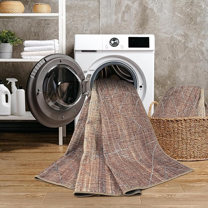 GLN Rugs Contemporary Collection - Machine Washable Area Rug, Contemporary Washable, Non Slip, Low Pile Chenille Rug, Living Room, Bedroom, Kitchen Rug (2'6" x 7' Terra/Brown)