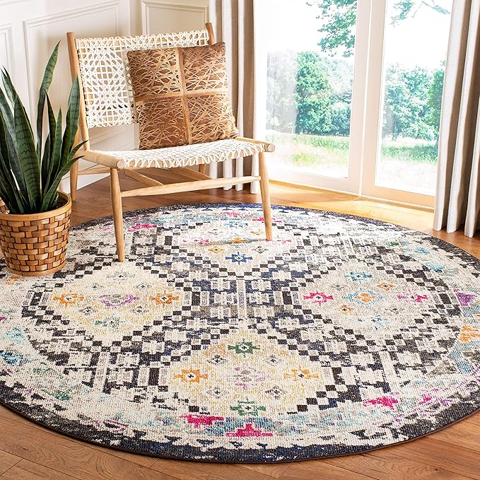 SAFAVIEH Madison Collection 3' Round Black / Yellow MAD418Z Boho Diamond Distressed Non-Shedding Dining Room Entryway Foyer Living Room Bedroom Area Rug