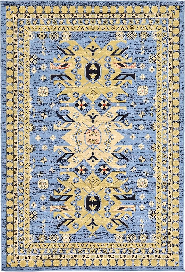 Unique Loom Taftan Collection Border Geometric Tribal Inspired Design Area Rug (6' 0 x 9' 0 Rectangular, Light Blue/ Gold)