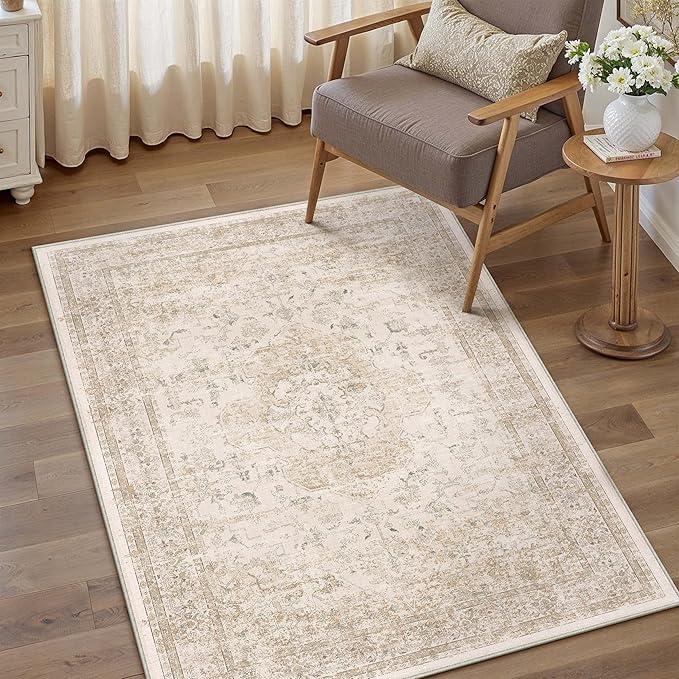 Entryway Area Rug 3x5 Washable Beige Vintage Distressed Carpet Oriental Soft Thin Indoor Rug for Office Non Slip Low Pile Throw Rug for Kitchen Bathroom Bedroom Dining Living Room