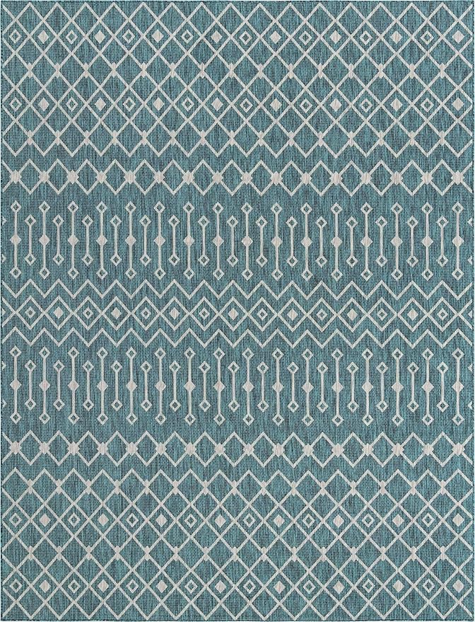 Unique Loom Outdoor Trellis Collection Area Rug - Tribal Trellis (10' x 13' 1" Rectangle, Teal/ Ivory)