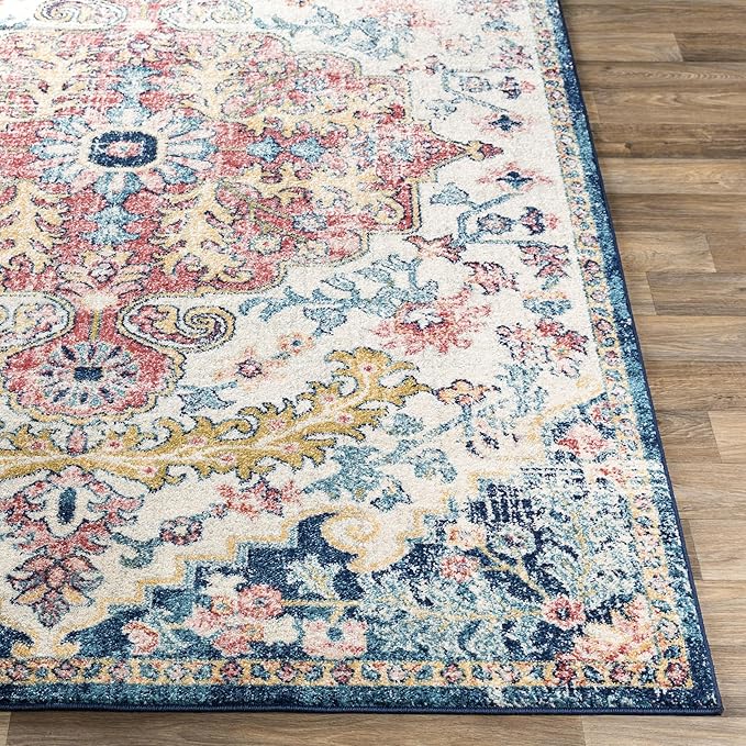 Livabliss Area Rugs - 8x8 Odelia Vintage Boho Aqua Burgandy Blue Square Area Rug for Living Room Bedroom - Floral Medallion Stain Resistant Carpet for Kitchen, Nursery, Office (7'10" Square)