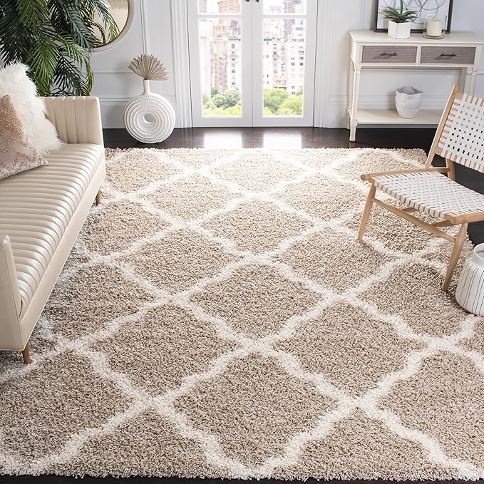 SAFAVIEH Dallas Shag Collection Area Rug - 8'6" x 12', Beige & Ivory, Trellis Design, Non-Shedding & Easy Care, 1.5-inch Thick Ideal for High Traffic Areas in Living Room, Bedroom (SGD257D)