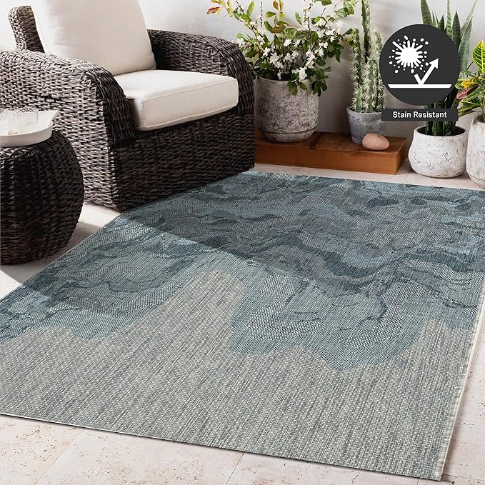 FH Home Outdoor Rug - Waterproof Easy to Clean Stain Resistant - Patio Indoor Outdoor Porch Deck Balcony Entryway - Modern Abstract - Freeport - Blue - 7ft 8in x 9ft 8in