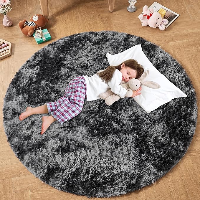 Andency Tie-Dyed Dark Grey Round Area Rug for Living Room, 5x5 ft Shag Rug for Bedroom, Fluffy Circle Carpet for Home Decor, Room, Fuzzy Plush Circular Rug for Dorm Playroom