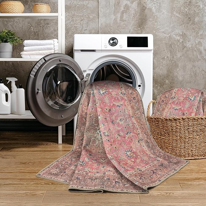 GLN Rugs Traditional Collection - Machine Washable Area Rug, Traditional Washable, Non Slip, Low Pile Chenille Rug, Living Room, Bedroom, Kitchen Rug (3' x 5' Pink/Cream)