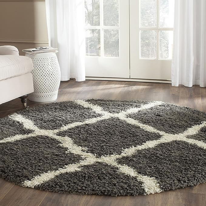 SAFAVIEH Dallas Shag Collection Area Rug - 10' Round, Dark Grey & Ivory, Trellis Design, Non-Shedding & Easy Care, 1.5-inch Thick Ideal for High Traffic Areas in Living Room, Bedroom (SGD257A)