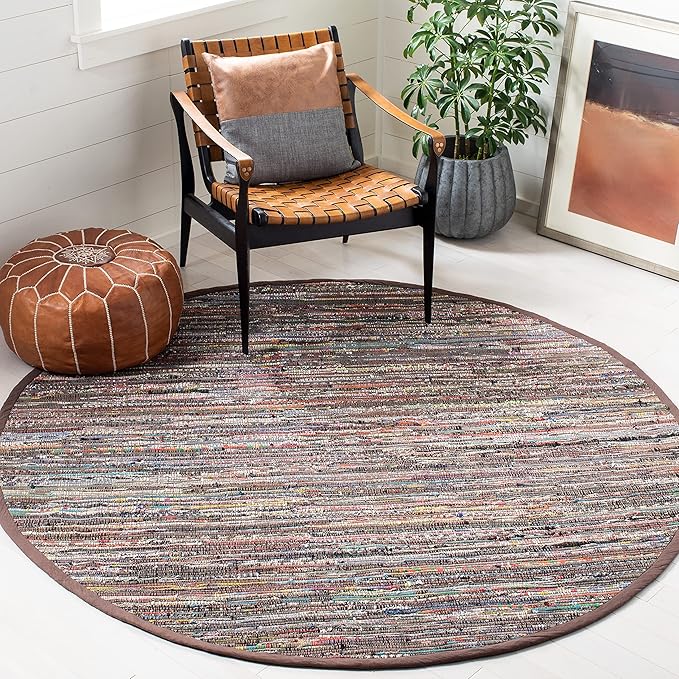 SAFAVIEH Rag Rug, Collection Area Rug - 3' Round, Rust & Multi, Handmade Boho Stripe Cotton, Ideal for High Traffic Areas in Living Room, Bedroom (RAR121E)
