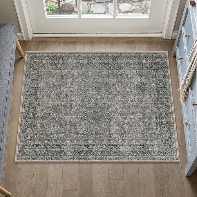 Grey Brown Entryway Rug 2x3 Vintage Area Carpet Indoor Kitchen Washable Door Mat Living Room Entrance Small Low Pile Traditional Distressed Retro Accent Throw Rug Non Slip Office Bathroom