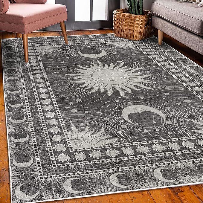 Ambesonne Sun and Moon Decorative Rug, Bohemian Artwork Design of Crescent Solar Ornament Esoteric Stars Ornaments, Quality Carpet for Bedroom Dorm and Living Room, 4' X 5' 5", Dark Taupe