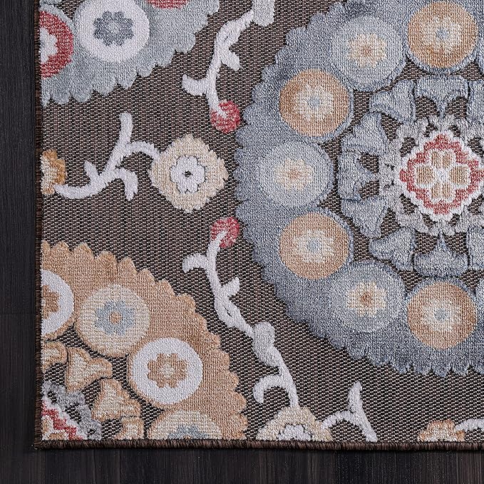 CAMILSON Indoor Outdoor Rug 10x14 Bohemian Medallion Floral Area Rugs for Indoor and Outdoor Patios Easy-Cleaning Non-Shedding Living Room Garden and Kitchen Washable Outside Carpet (10 x 14 / Brown)