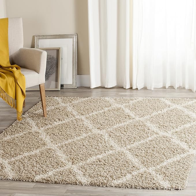 SAFAVIEH Dallas Shag Collection Area Rug - 4' Square, Beige & Ivory, Trellis Design, Non-Shedding & Easy Care, 1.5-inch Thick Ideal for High Traffic Areas in Living Room, Bedroom (SGD257D)