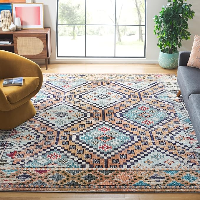 SAFAVIEH Area Rug 8x10 - Madison Collection - Large - Orange & Beige, Boho Diamond Distressed Design, Non-Shedding & Easy Cleaning, Ideal for Living Room, Bedroom, Office, Dining Space (MAD418P)