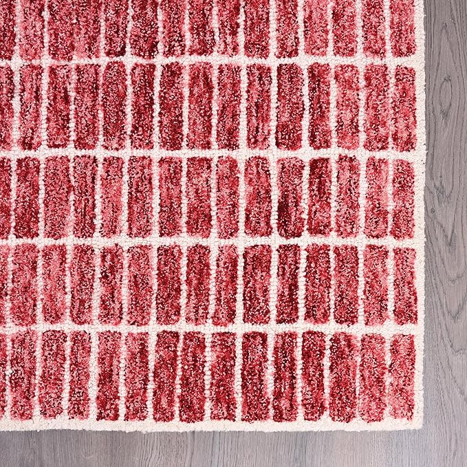 Hand-Tufted 100% Wool Area Rug – Unique Modern Geometric Grid Pattern, Soft Plush Textured Carpet for Living Room, Bedroom, Dining Room & Entryway (Brick Red, 3' x 5')