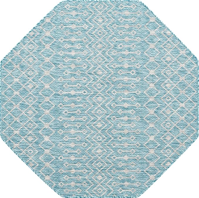 Unique Loom Outdoor Trellis Collection Area Rug - Tribal Trellis (5' 3" Octagon, Aqua/ Ivory)