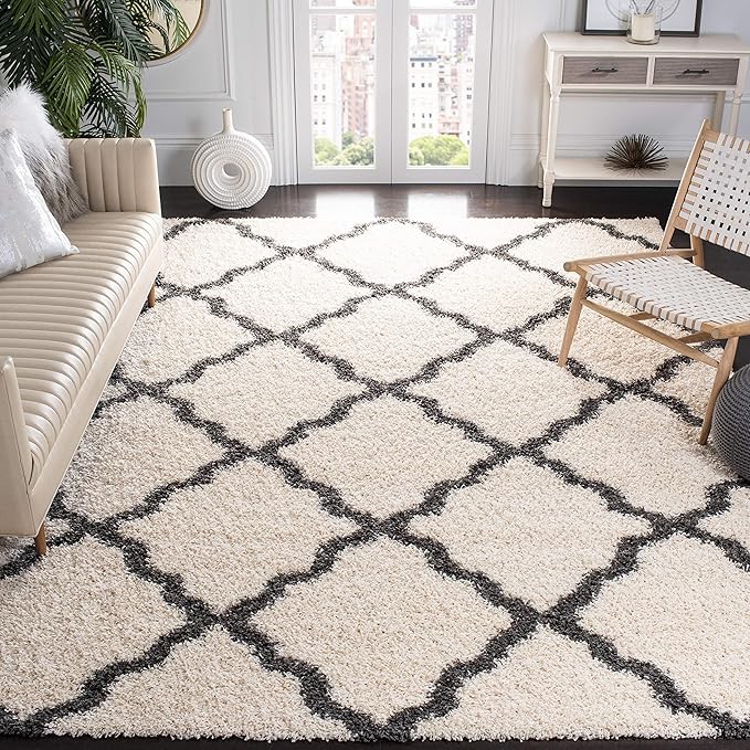 SAFAVIEH Dallas Shag Collection Area Rug - 6' Square, Ivory & Dark Grey, Trellis Design, Non-Shedding & Easy Care, 1.5-inch Thick Ideal for High Traffic Areas in Living Room, Bedroom (SGD257H)