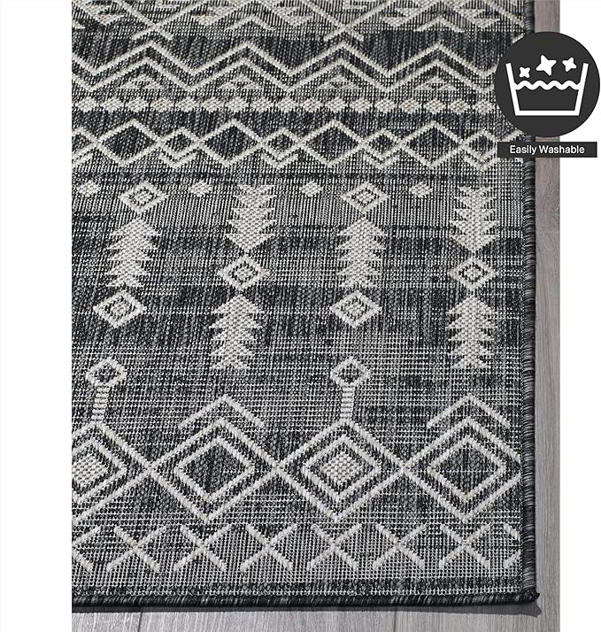 FH Home Flat Woven Outdoor Rug - Waterproof, Easy to Clean, Stain Resistant - Premium Polypropylene Yarn - Boho Moroccan - Large Patio, Deck, Sunroom - Dakar - Charcoal - 7ft 10in x 10ft 9in