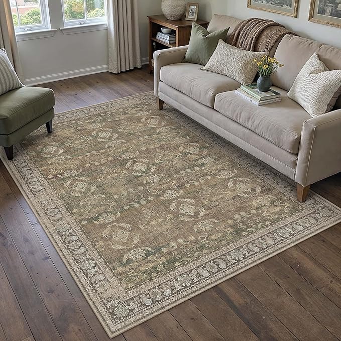 4x6 Brown Area Rug Washable Vintage Distressed Office Carpet Low Pile Entryway Non Slip Indoor Soft Retro Entrance Throw Accent Rug for Kitchen Bathroom Bedroom Dining Living Room