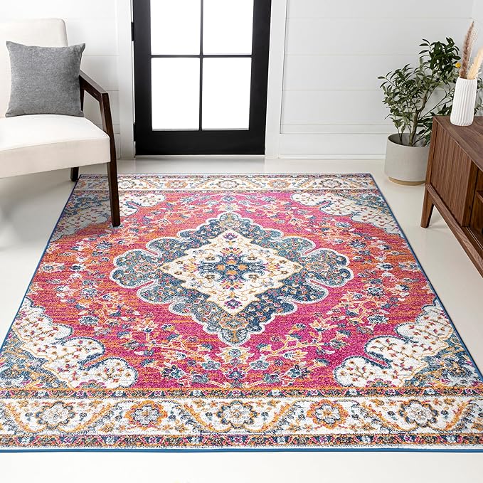 JONATHAN Y Boho Vintage Fuchsia/White Indoor Area Rug, 4x6, Bohemian Flair Medallion, Floral Easy-Cleaning High Traffic for Living Room, Bedroom, Kitchen, Pet-Friendly, Non-Shedding (BMF106C-4)
