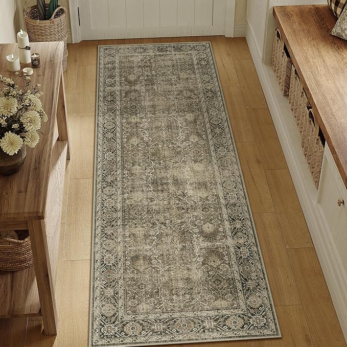 Light Brown 3x7 Vintage Area Rug Hallway Indoor Kitchen Washable Living Room Carpet Tribal Distressed Rug Retro Accent Throw Rug for Office Dining Room Bathroom Faux Wool