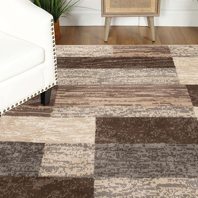 SUPERIOR Indoor Area Rug, Jute Backed, Modern Geometric Patchwork Floor Decor for Bedroom, Office, Living Room, Entryway, Hardwood Floors, Rockwood Collection, 5' x 5' Square, Slate