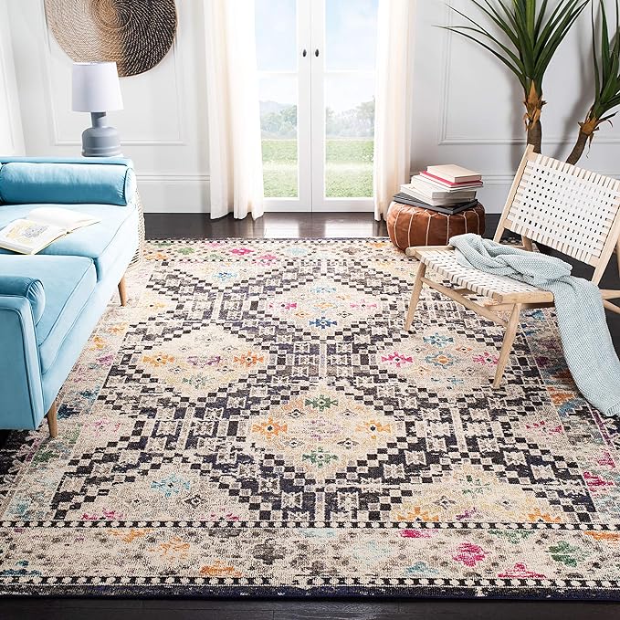 SAFAVIEH Madison Collection Area Rug - 10' x 14', Black & Yellow, Boho Diamond Distressed Design, Non-Shedding & Easy Care, Ideal for High Traffic Areas in Living Room, Bedroom (MAD418Z)