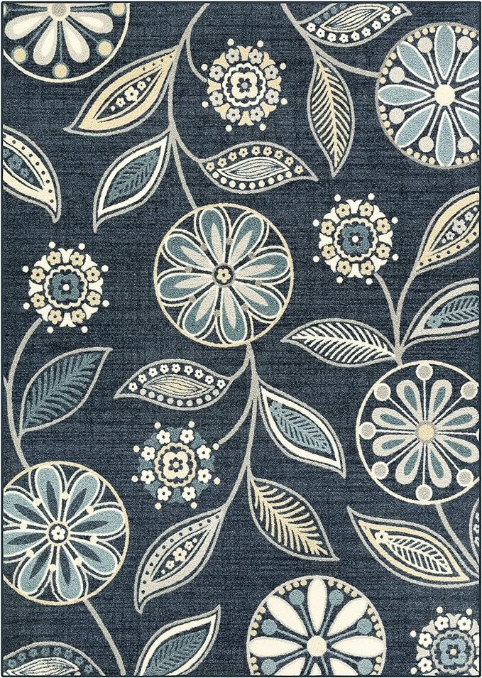 Maples Rugs Reggie Floral Area Rug - Made in USA - Low Pile, Non Slip, Pet-Friendly Mat for Living Room, Bedroom, and Office, 5' x 7', Persian Blue